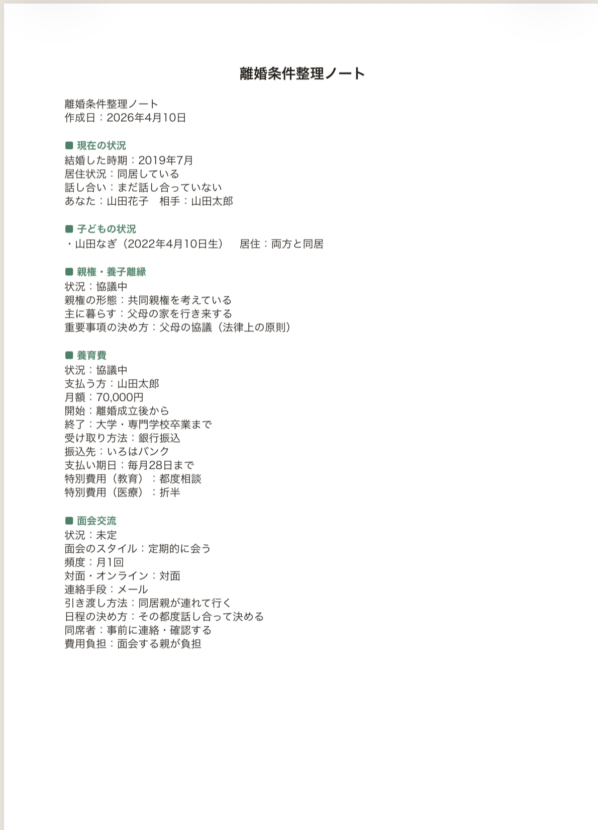 movellで出力した離婚条件整理ノートのPDF例